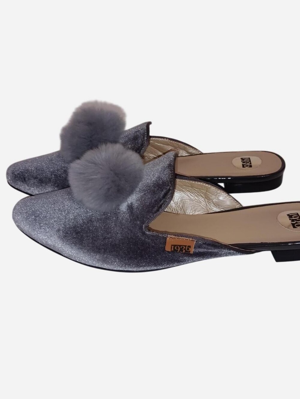 Grey Velvet Pom-Trim Slip-On Mules
